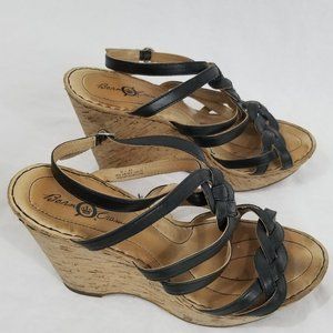 Black Leather Braided Platform Wedge Sandals